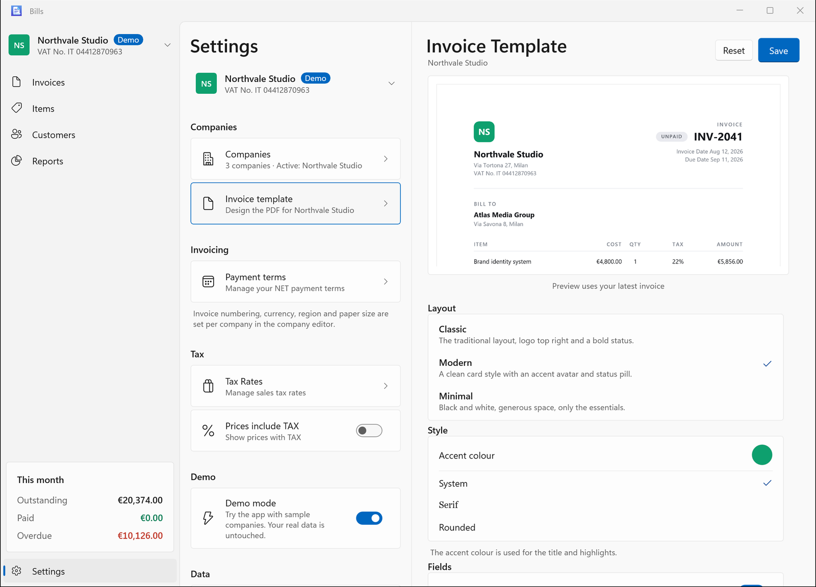 Bills template editor with a live invoice PDF preview and choices for layout, font and accent colour.