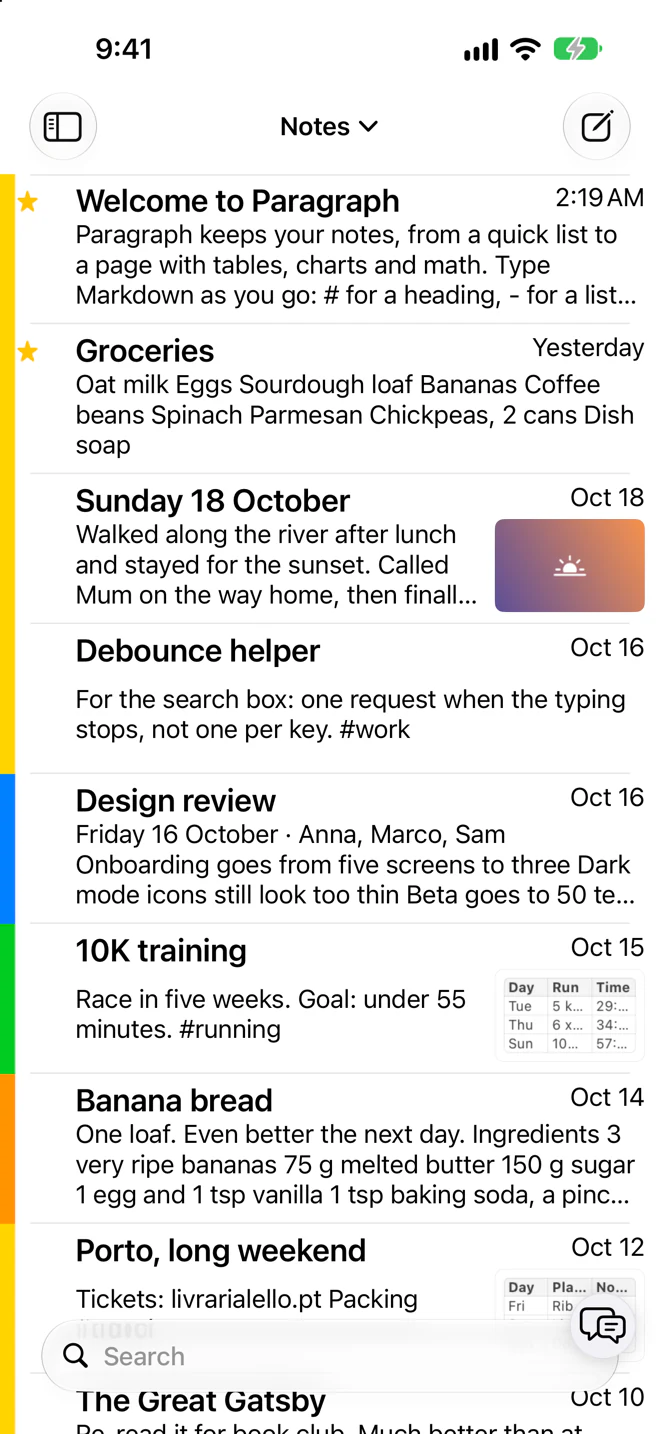 The notes list on an iPhone, with coloured markers, starred notes and previews of a photo and tables.
