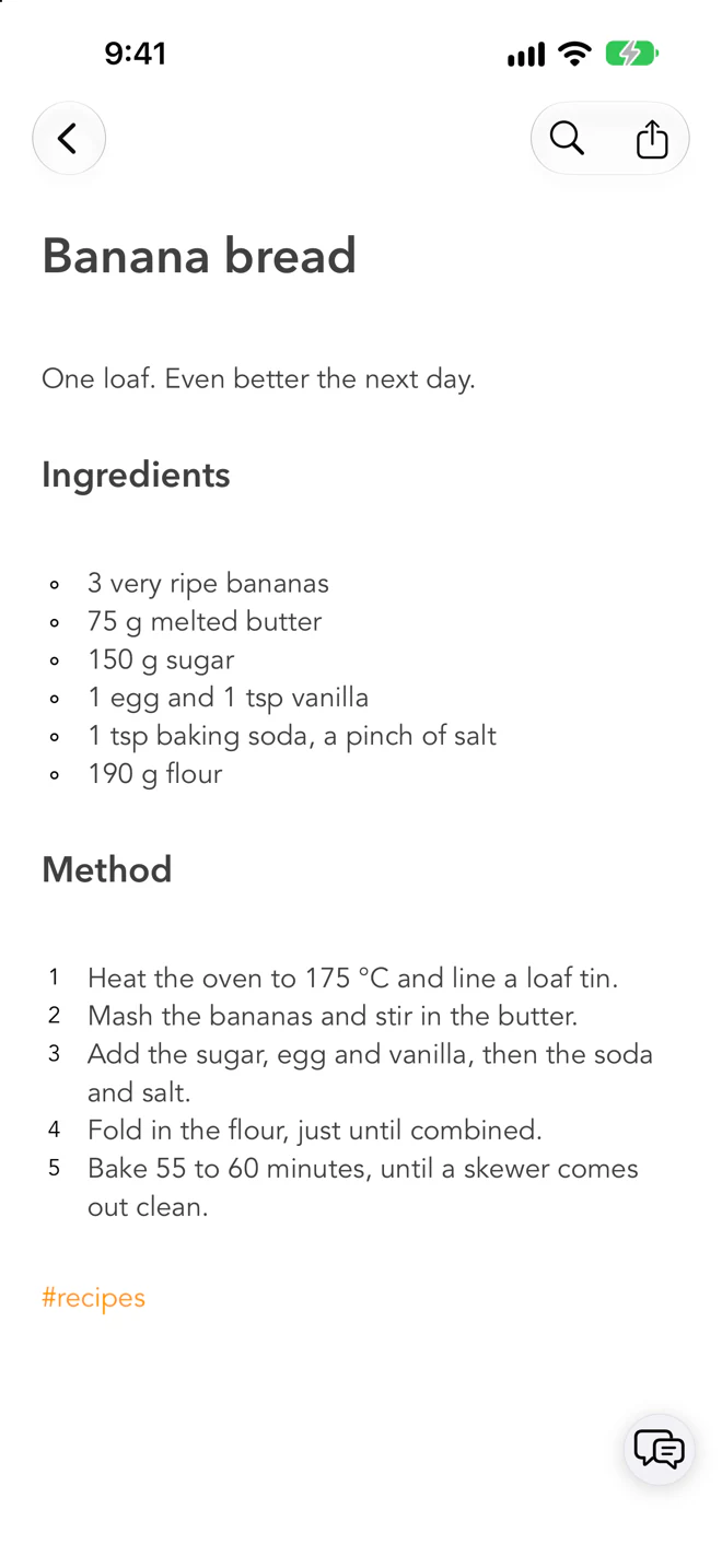 The Banana bread recipe on an iPhone, with headings, a bulleted list of ingredients and numbered steps.