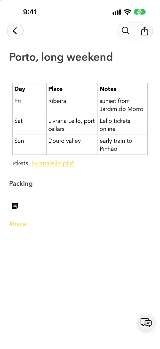 The Porto, long weekend note on an iPhone, with a table for each day and a link to the tickets.