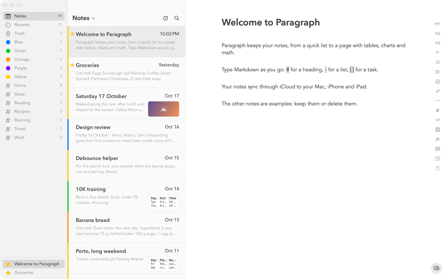 Paragraph on a Mac: the sidebar with notes, colours and tags, the list of notes with previews, and the Welcome to Paragraph note open.