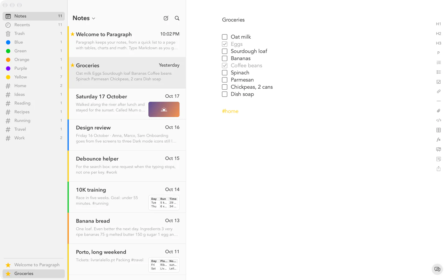 The Groceries note on a Mac: a checklist with two items ticked and the #home tag.
