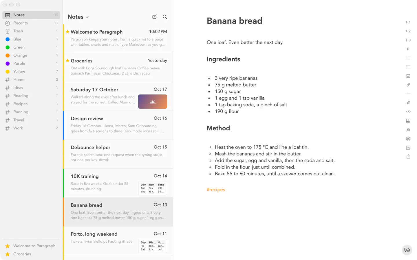 The Banana bread note on a Mac, with Ingredients and Method headings, a bulleted list and numbered steps.