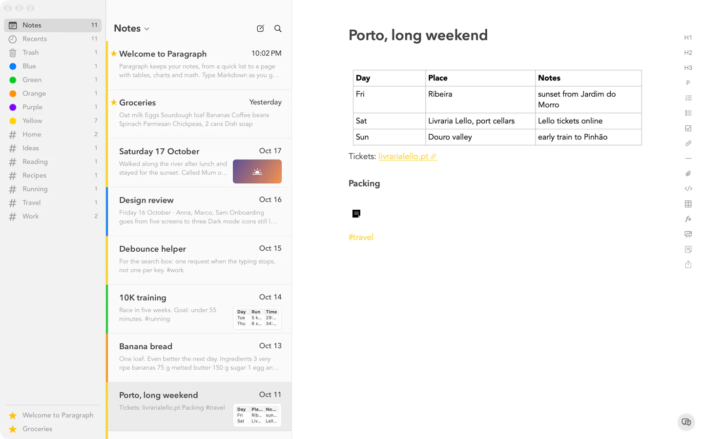 The Porto, long weekend note on a Mac, with a table of places for each day, a link to the tickets and the #travel tag.